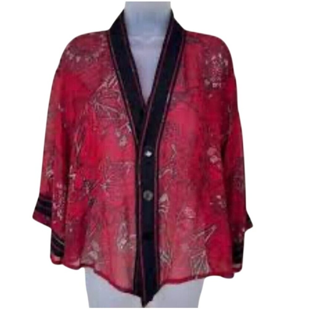 Colorful Silk Floral‎ Kimono Sheer Top S Artsy Boho Indie Folk Festival Chic